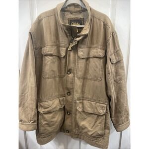 CABELAS Mens Canvas Brown Work Coat fleece lined 3XL w hood Travel Chore Pockets